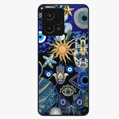 Evil Eye Charm Mix Glass Case showing flat back view with multiple evil eye charms artwork and glossy glass finish.
