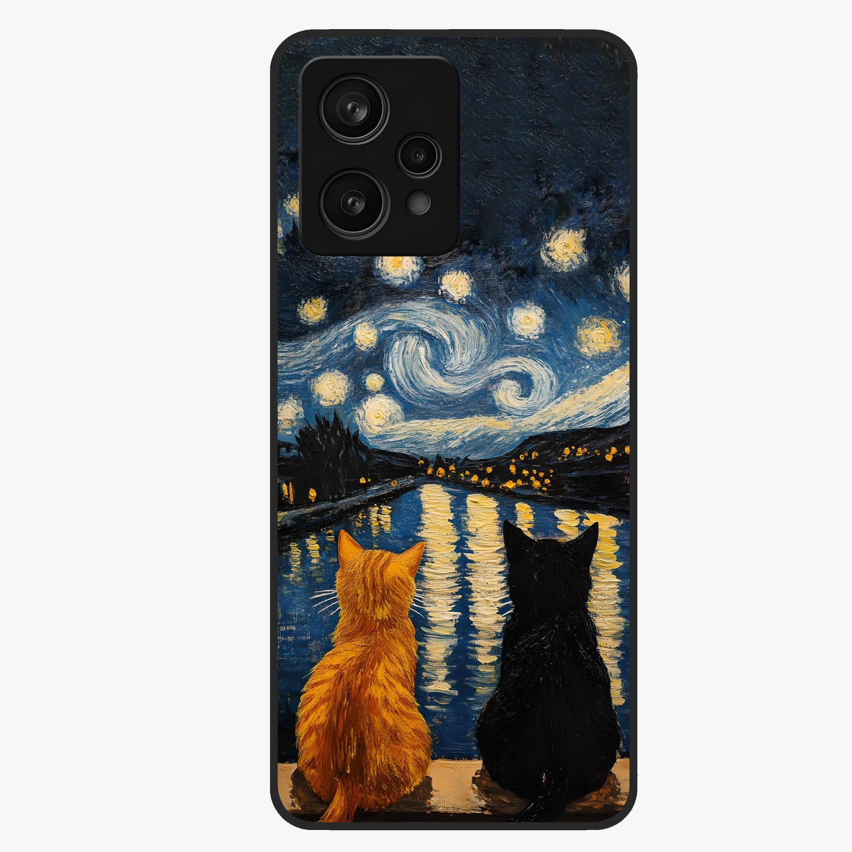 Starry River Cats Glass Case showing flat back view with cats by a starry river artwork and glossy glass finish.