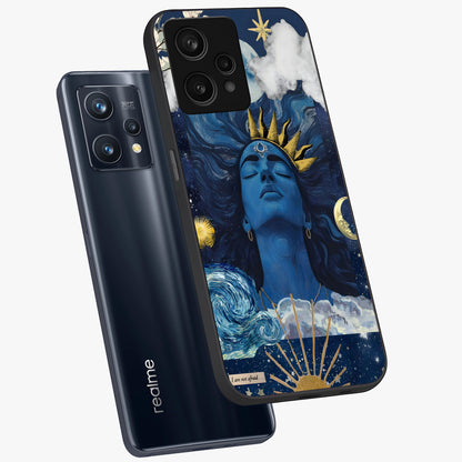 Aesthetic Lord Shiva Glass Case displayed in angled mockup highlighting spiritual Shiva illustration and sacred aesthetic design.
