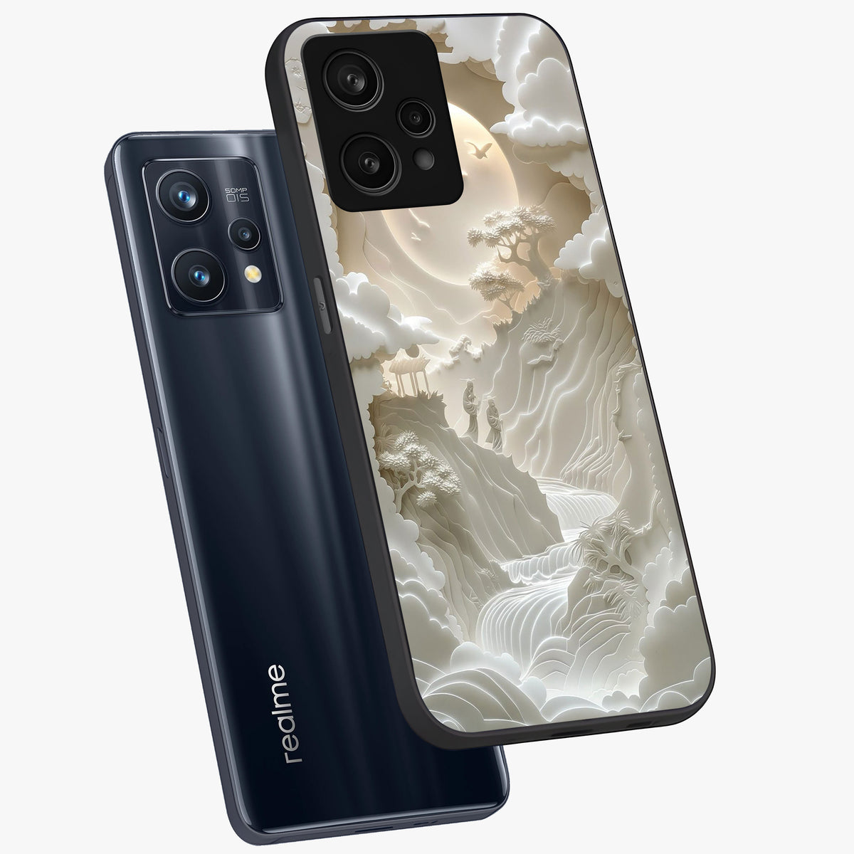 Celestial Origami Glass Case displayed in angled mockup highlighting geometric origami design with cosmic aesthetic theme.