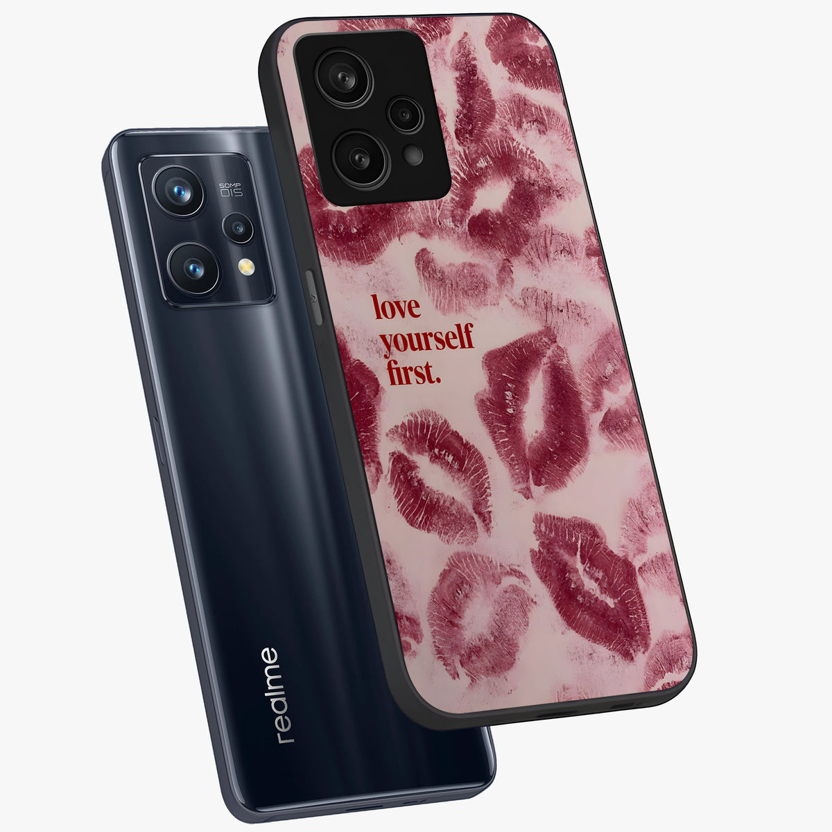 Crimson Kiss Love Glass Case displayed in angled mockup highlighting bold love inspired design with modern aesthetic style.