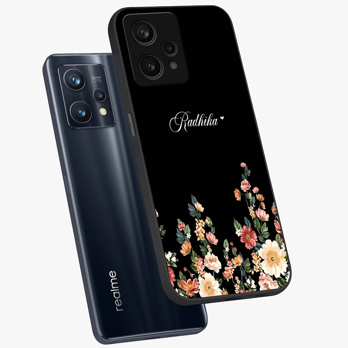 Floral Design With a Custom Personalized Name Glass Case displayed in angled mockup highlighting elegant floral pattern with custom name feature.