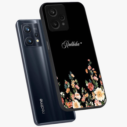 Floral Design With a Custom Personalized Name Glass Case displayed in angled mockup highlighting elegant floral pattern with custom name feature.