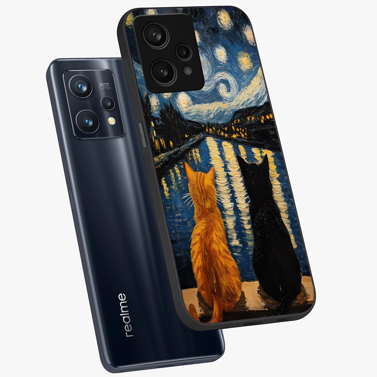 Starry River Cats Glass Case displayed in angled mockup highlighting charming feline illustration with dreamy night aesthetic.