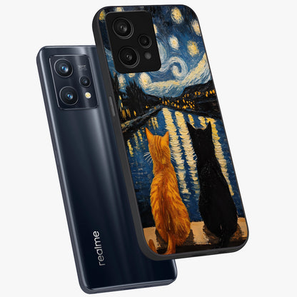 Starry River Cats Glass Case displayed in angled mockup highlighting charming feline illustration with dreamy night aesthetic.