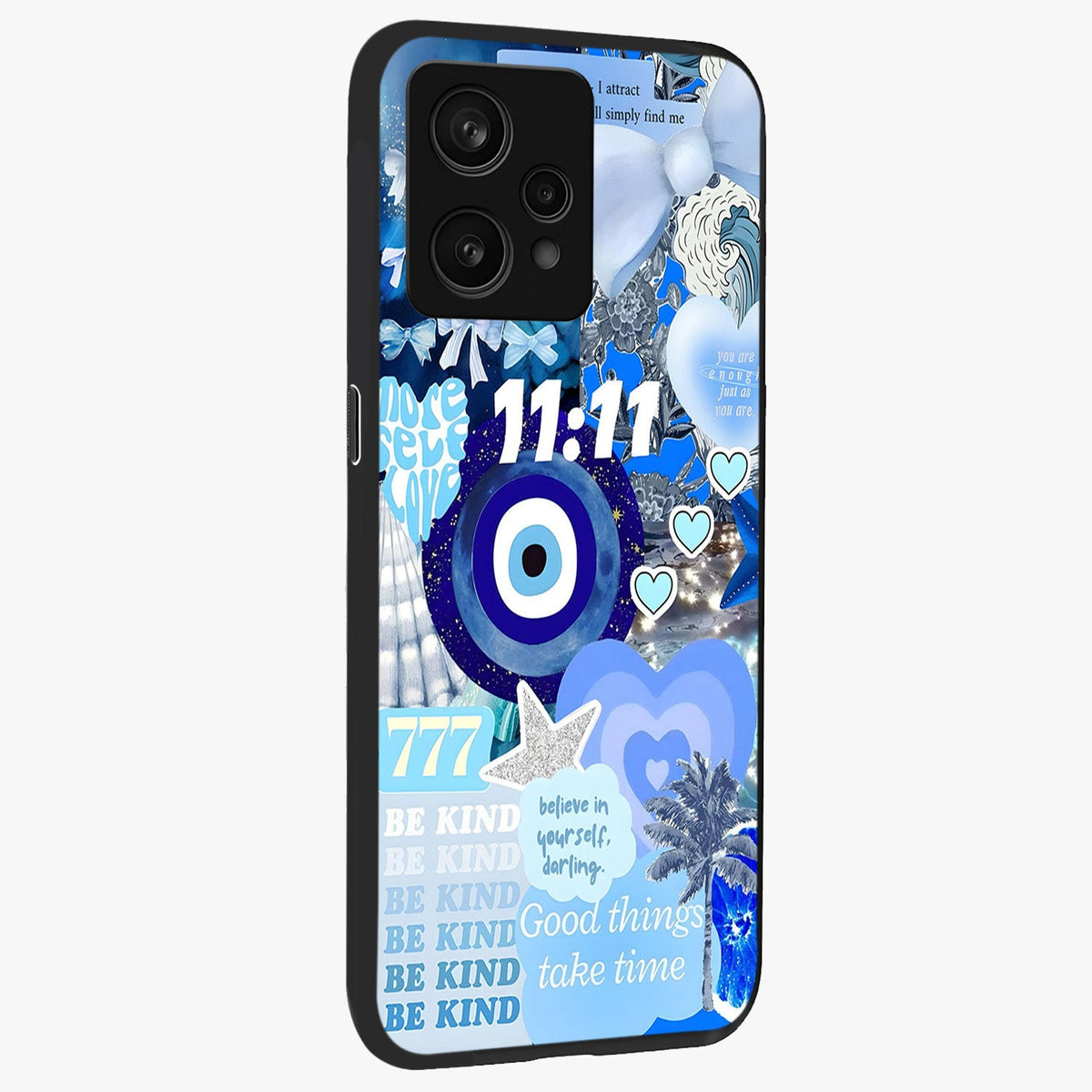 Aesthetic Be Kind Eye Glass Case upright view showcasing stylish eye illustration with positive message theme.