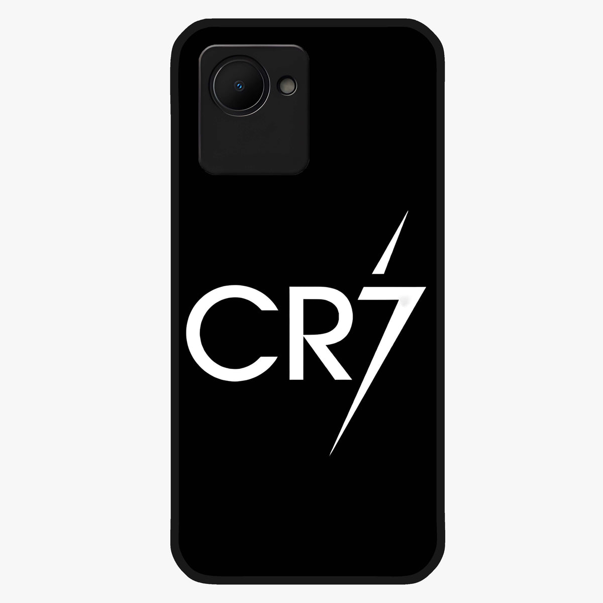 Cr7 Elite Strike Glass Case showing flat back view with dynamic football inspired artwork and glossy glass finish.