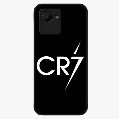 Cr7 Elite Strike Glass Case showing flat back view with dynamic football inspired artwork and glossy glass finish.