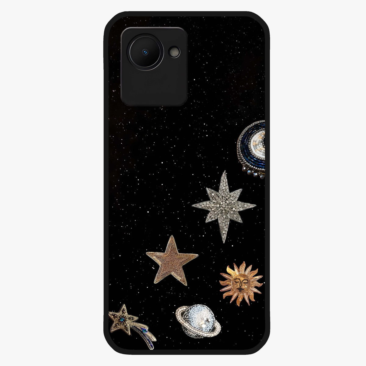 Galactic Charm Glow Glass Case showing flat back view with glowing celestial charm artwork and glossy glass finish.