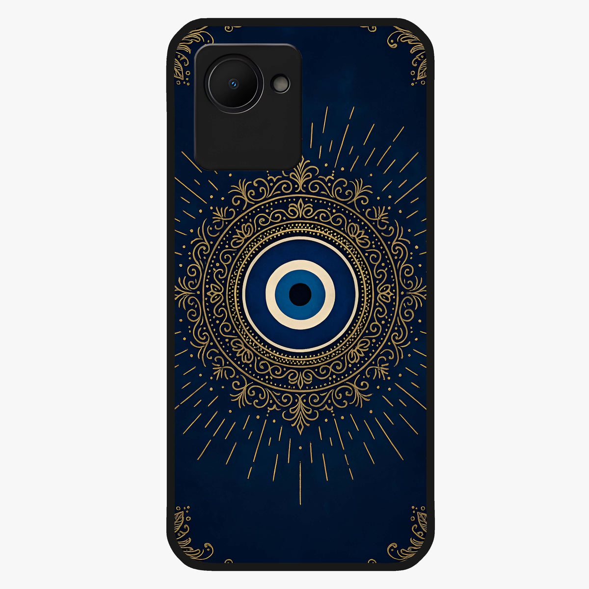 Golden Evil Eye Mandala Glass Case showing flat back view with intricate evil eye mandala artwork and glossy glass finish.