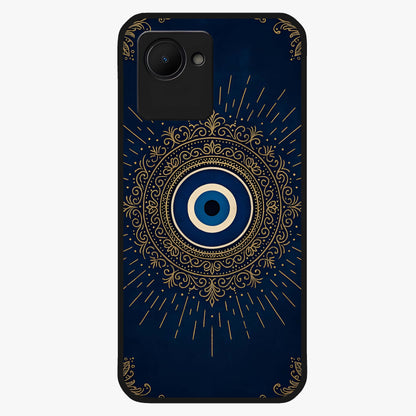 Golden Evil Eye Mandala Glass Case showing flat back view with intricate evil eye mandala artwork and glossy glass finish.