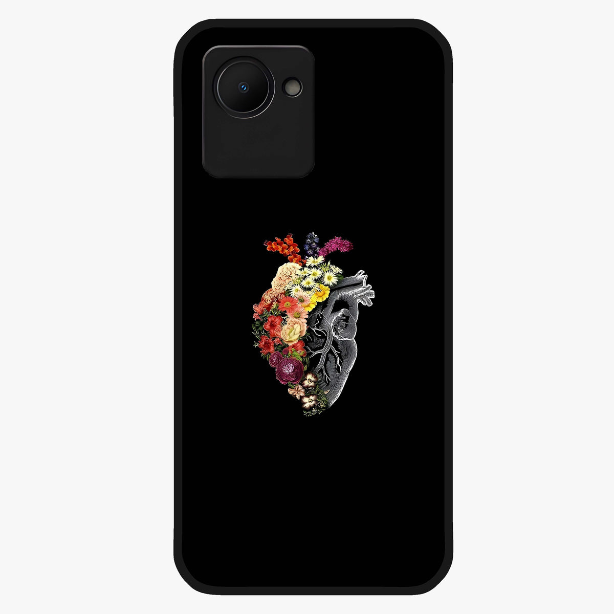 Heart With Flowers Glass Case showing flat back view with heart shaped floral artwork and glossy glass finish.
