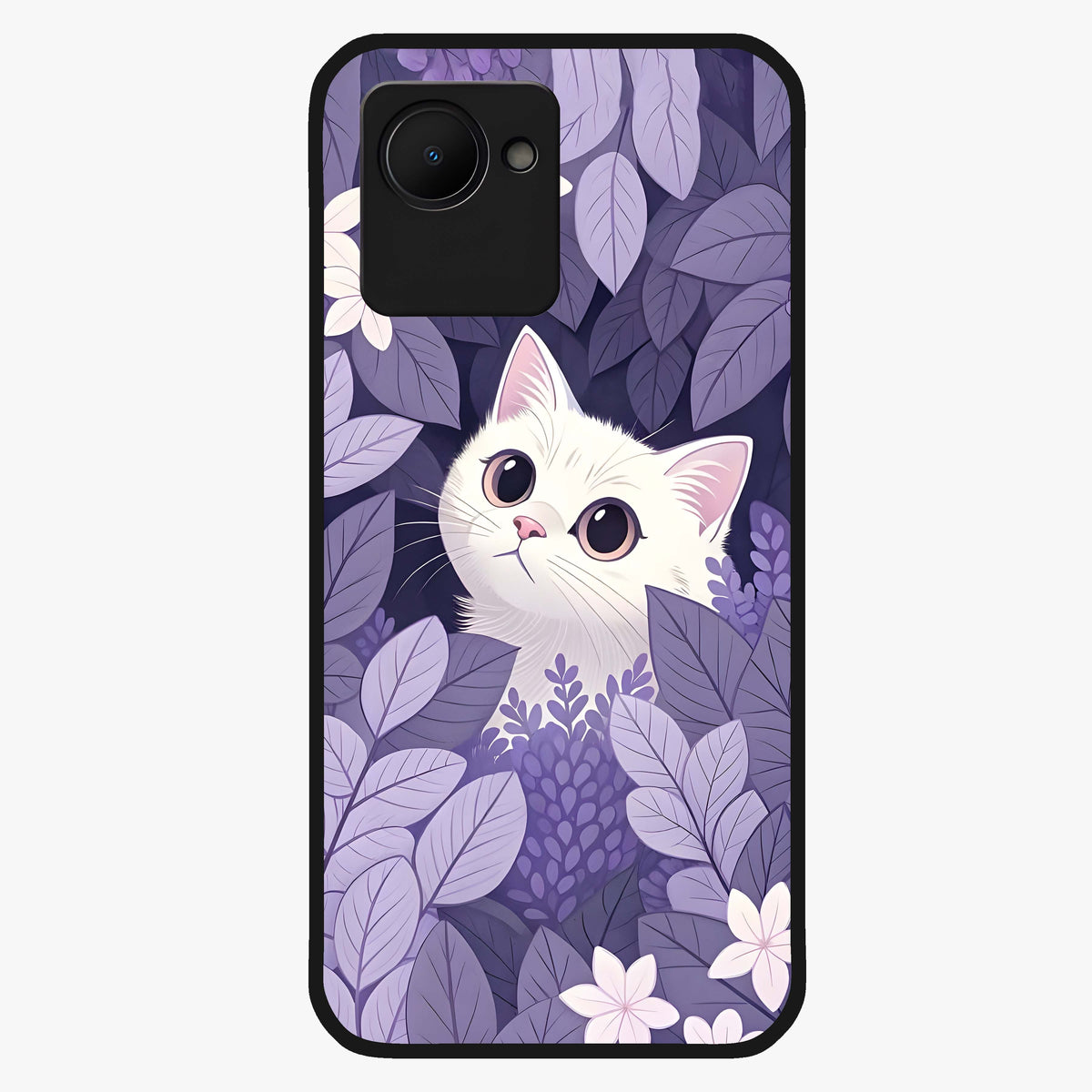 Lilac Hide Peek Cat Glass Case showing flat back view with cute peeking cat artwork and glossy glass finish.