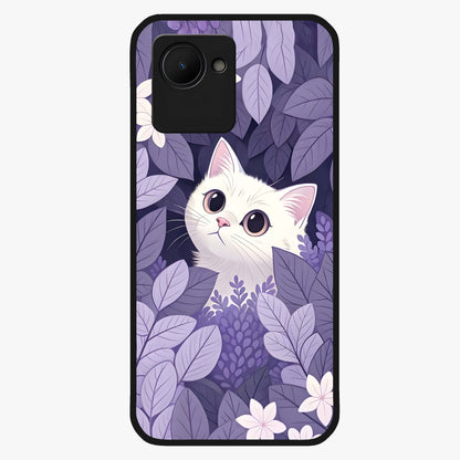 Lilac Hide Peek Cat Glass Case showing flat back view with cute peeking cat artwork and glossy glass finish.