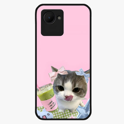 Love Matcha Cat Glass Case showing flat back view with cute cat and matcha themed artwork and glossy glass finish.