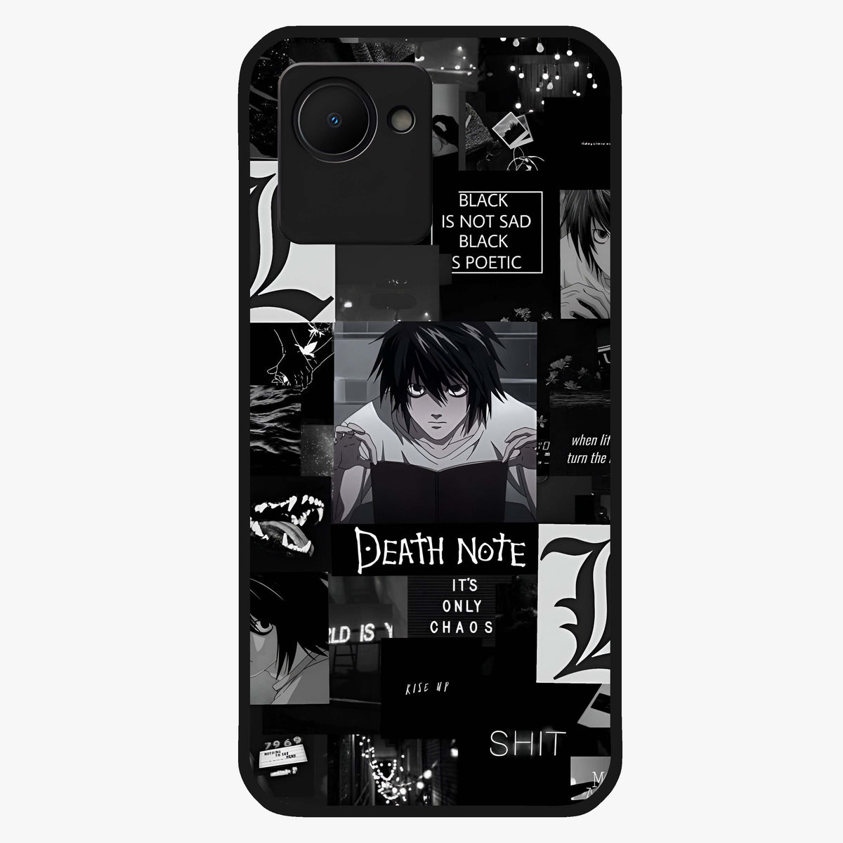 Midnight Chaos Mind Glass Case showing flat back view with abstract dark themed artwork and glossy glass finish.