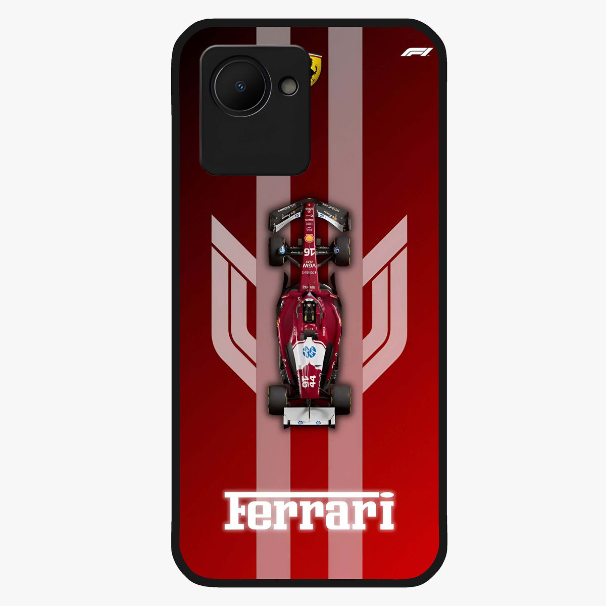 Red Ferrari F1 Vertical Glass Case showing flat back view with sleek Formula racing car artwork and glossy glass finish.