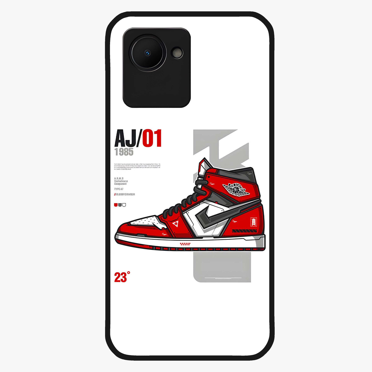 Retro Sneaker Blueprint Glass Case showing flat back view with sneaker blueprint style artwork and glossy glass finish.