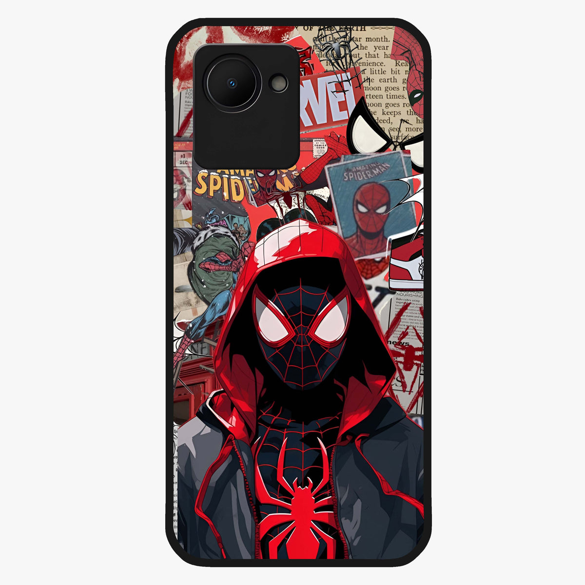Spider Collage Street Glass Case showing flat back view with vibrant superhero collage artwork and glossy glass finish.