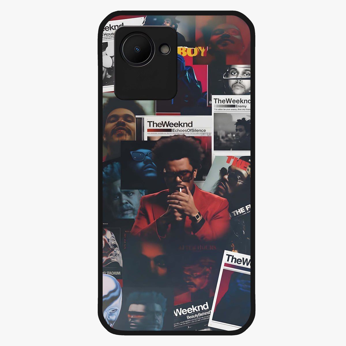 The Weeknd Glass Case showing flat back view with music inspired artistic portrait artwork and glossy glass finish.