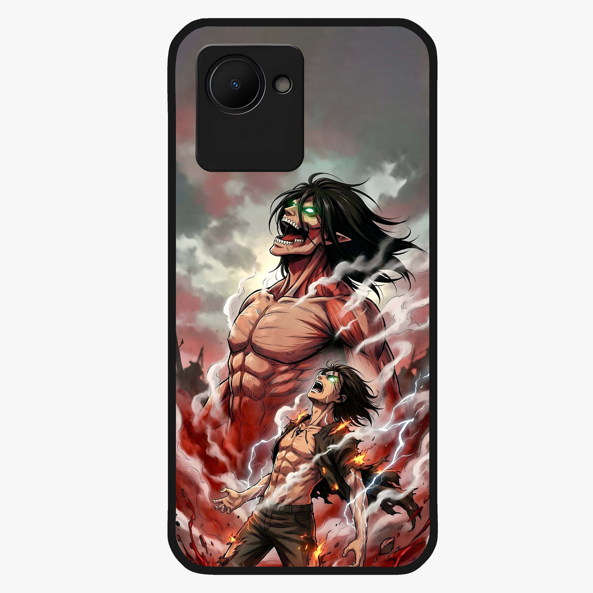 Titan Awakening Fury Glass Case showing flat back view with powerful titan inspired artwork and glossy glass finish.