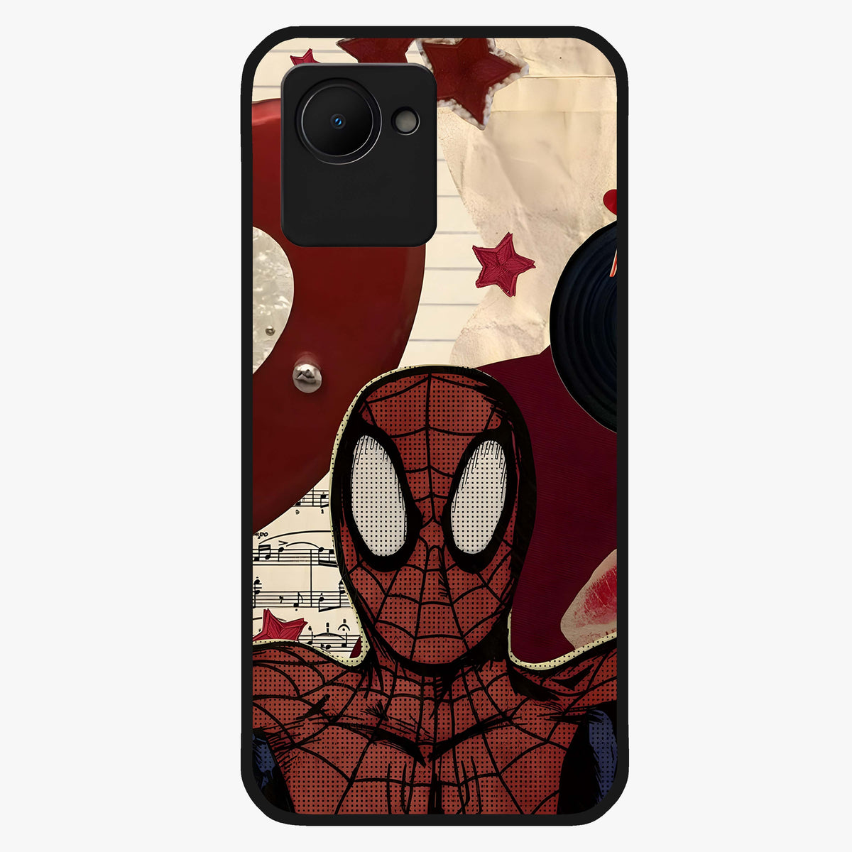 Web Warrior Vibes Glass Case showing flat back view with superhero inspired web themed artwork and glossy glass finish.