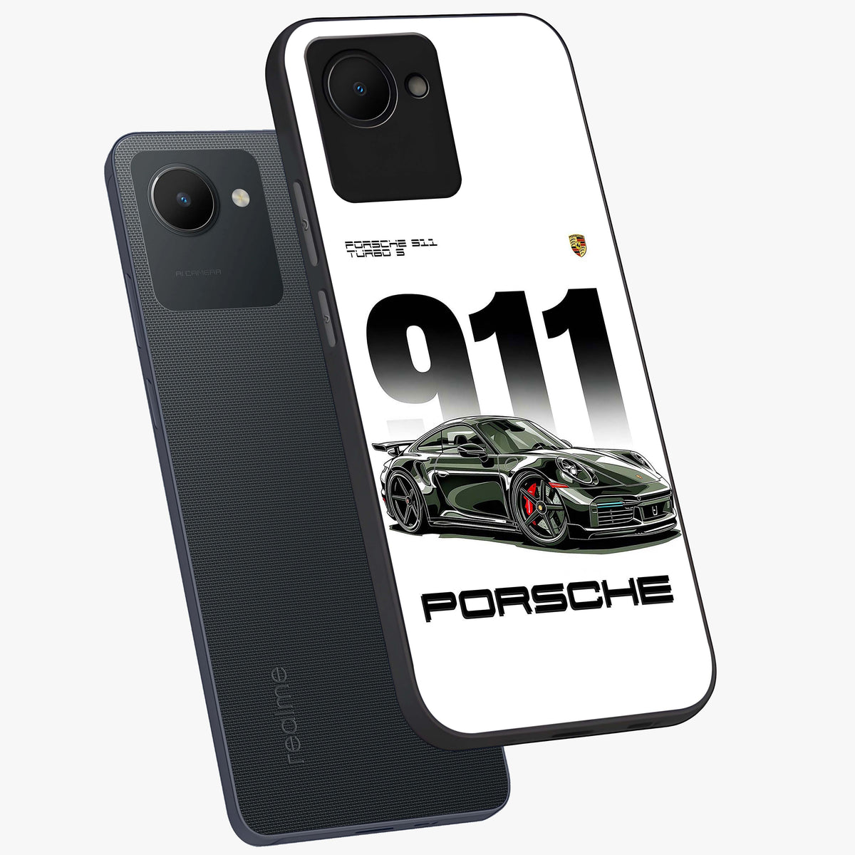 911 Turbo Dominance Glass Case displayed in premium angled mockup highlighting sporty car illustration and sleek glass surface.