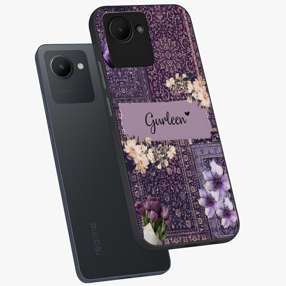 Antique Floral Whisper Custom Name Glass Case displayed in angled mockup highlighting elegant antique floral aesthetic.