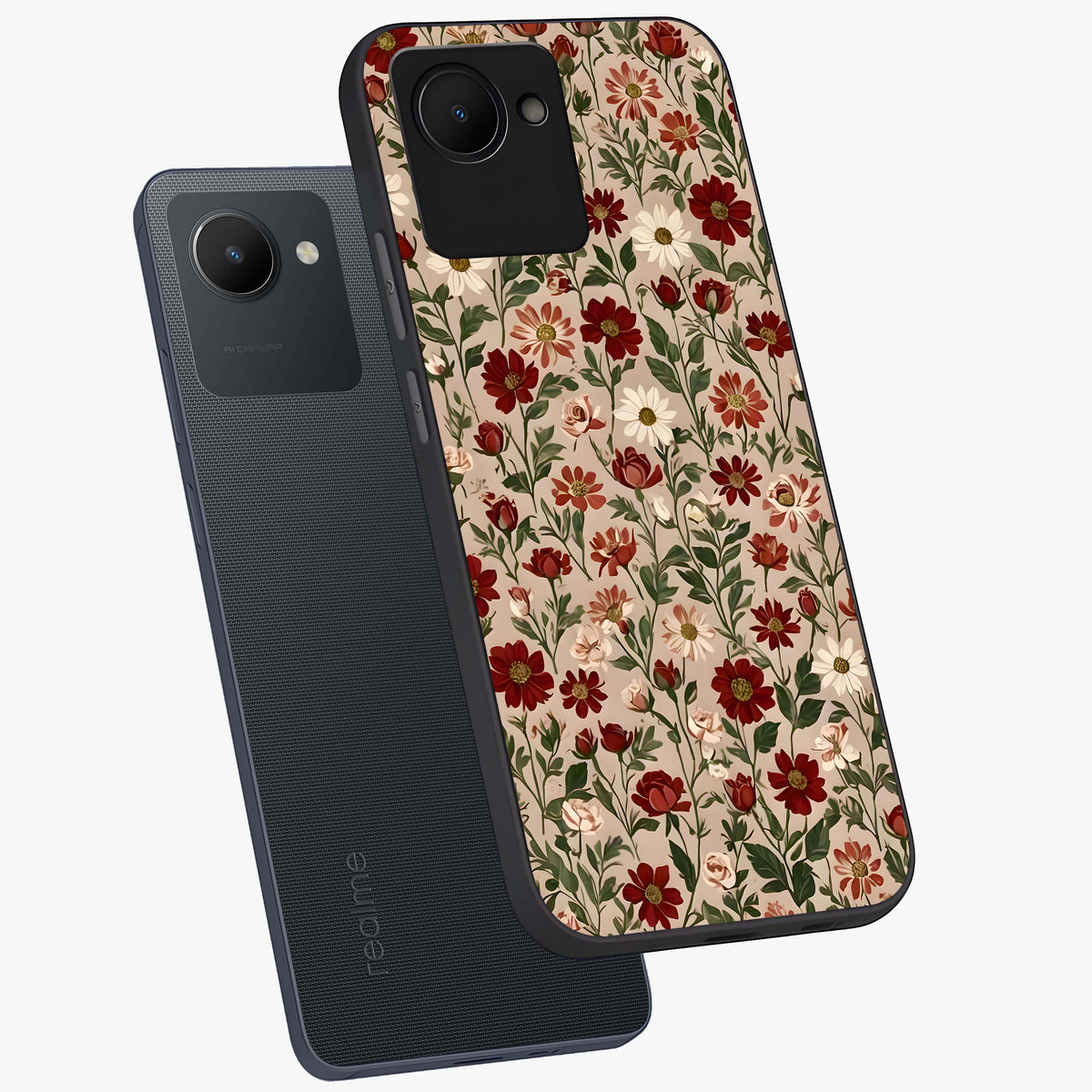 Biege Flower With Leaf Glass Case displayed in angled mockup highlighting minimal floral leaf design and elegant aesthetic.