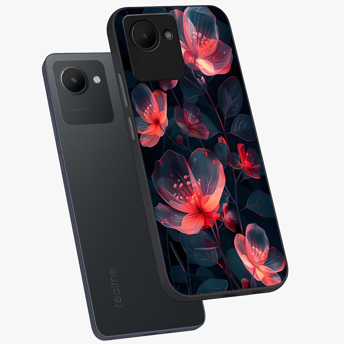 Dark Shade of Flower Glass Case displayed in angled mockup highlighting moody floral illustration with aesthetic dark tones.
