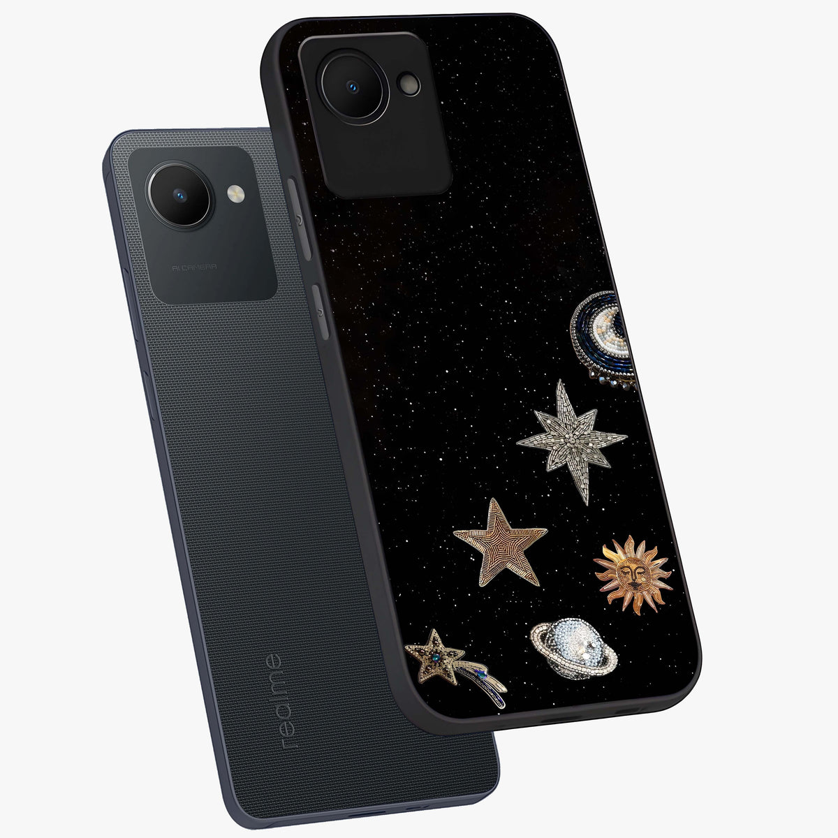 Galactic Charm Glow Glass Case displayed in angled mockup highlighting luminous galaxy inspired design with dreamy aesthetic.
