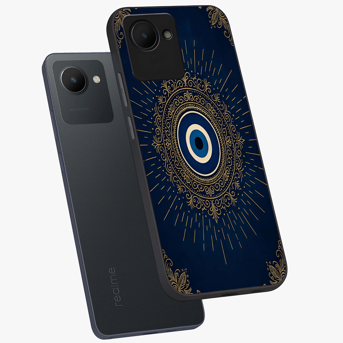 Golden Celestial Charm Glass Case displayed in angled mockup highlighting sparkling cosmic charm design with celestial aesthetic.