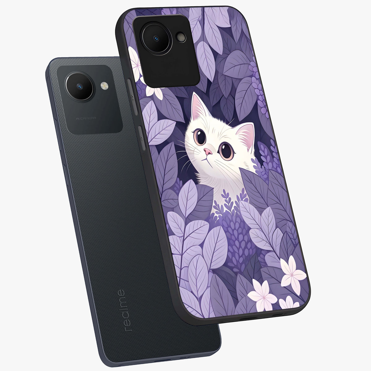 Lilac Hide Peek Cat Glass Case displayed in angled mockup highlighting playful feline illustration with lilac aesthetic design.