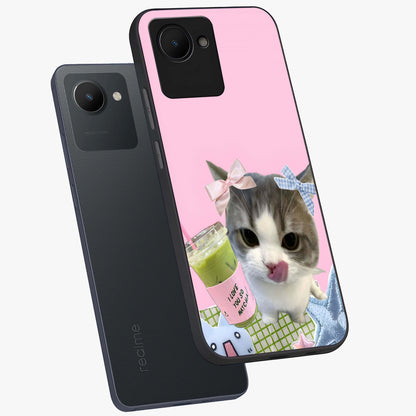 Love Matcha Cat Glass Case displayed in angled mockup highlighting playful feline illustration with cozy matcha aesthetic.