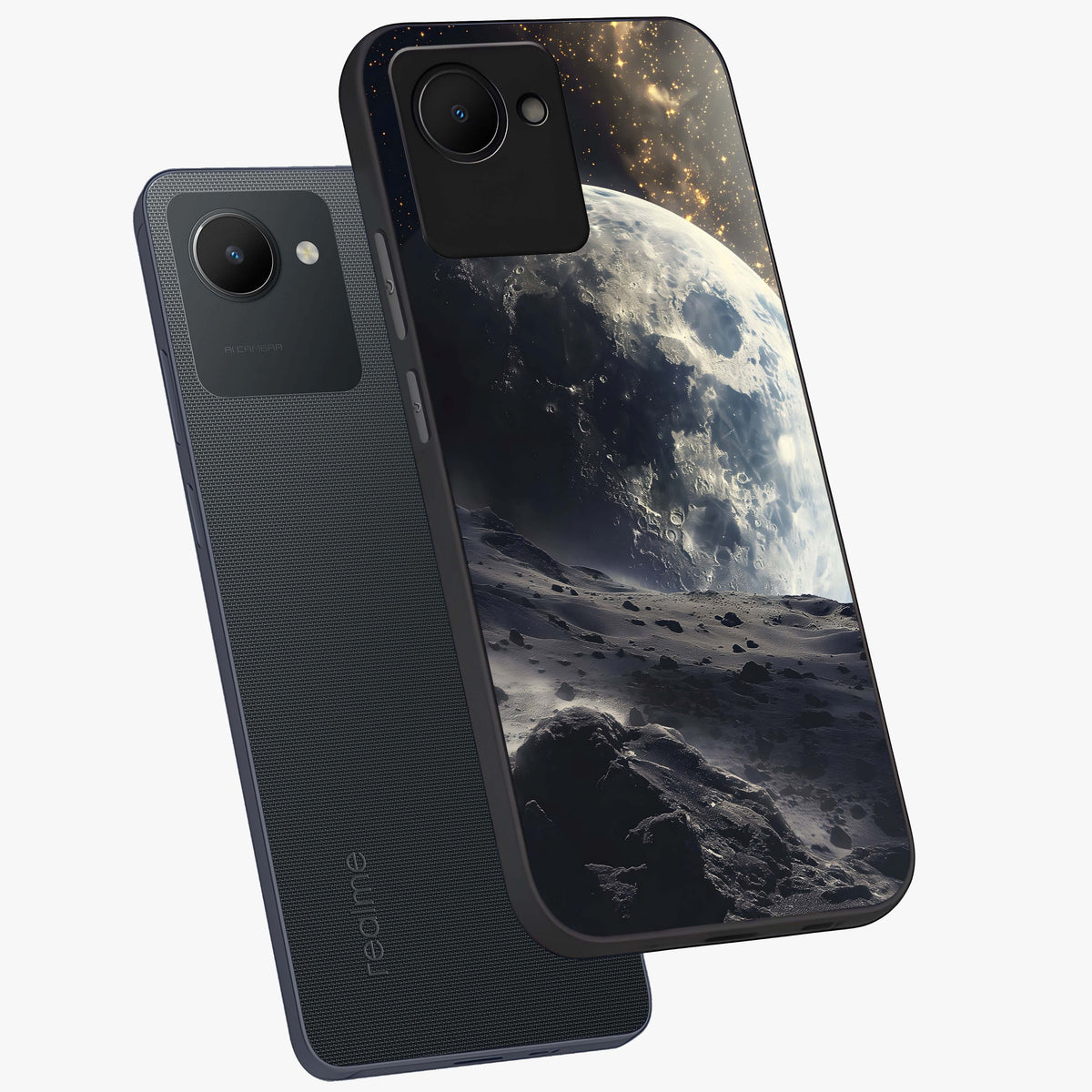 Lunar Horizon Glow Glass Case displayed in angled mockup highlighting celestial moon design with dreamy night aesthetic.