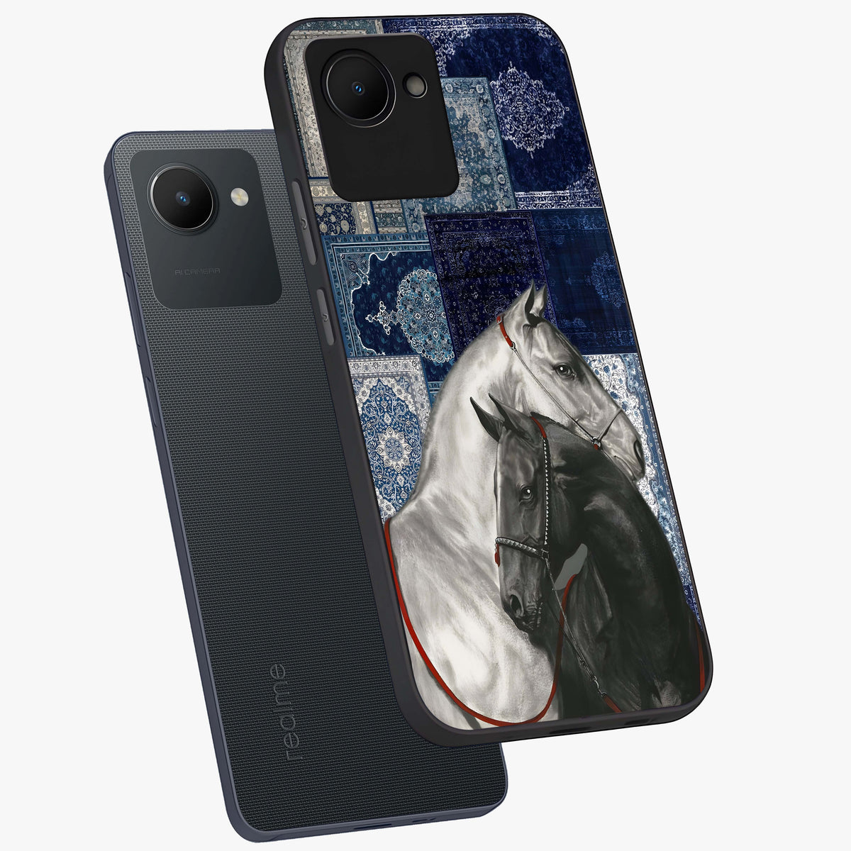Midnight Stallion Blues Glass Case displayed in angled mockup highlighting powerful stallion illustration with deep midnight tones.