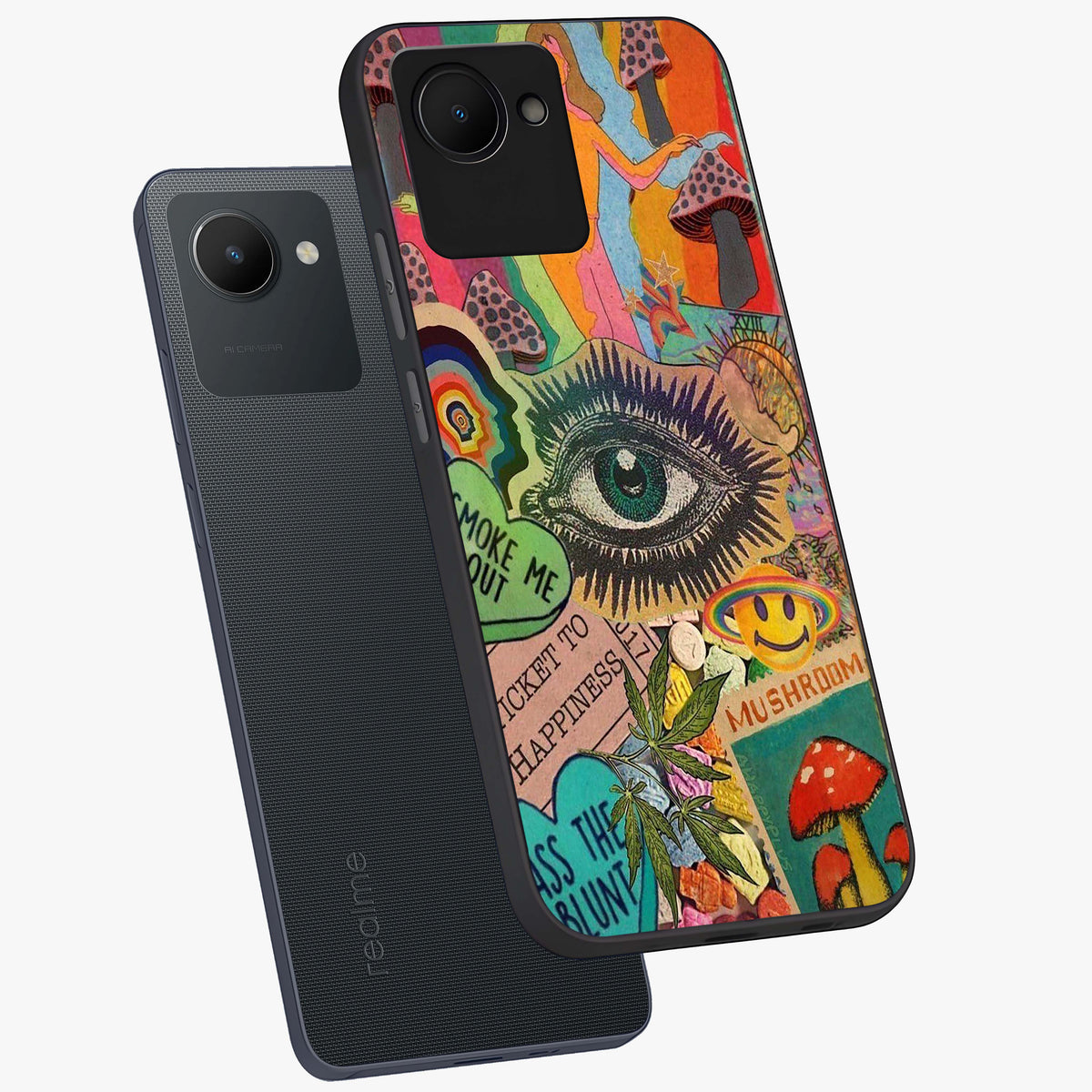 Mystic Eye Wonderland Glass Case displayed in angled mockup highlighting magical eye illustration with dreamy aesthetic.