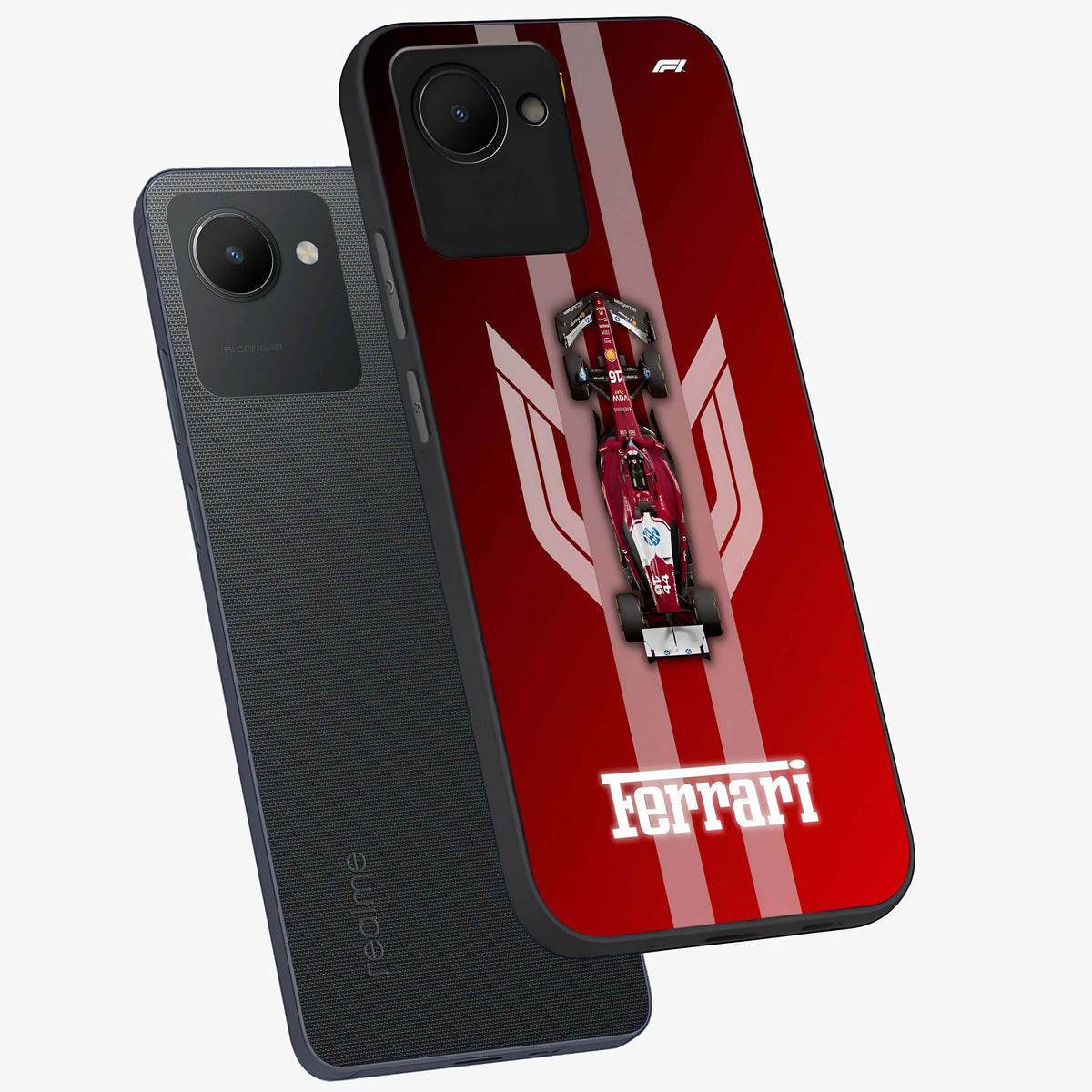Red Ferrari F1 Vertical Glass Case displayed in angled mockup highlighting high speed racing design with bold automotive aesthetic.