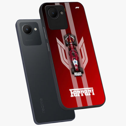 Red Ferrari F1 Vertical Glass Case displayed in angled mockup highlighting high speed racing design with bold automotive aesthetic.