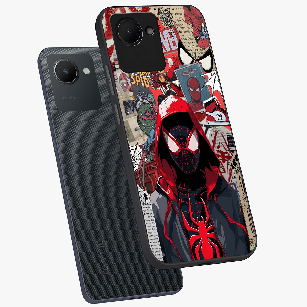 Spider Collage Street Glass Case displayed in angled mockup highlighting dynamic street style collage design with comic aesthetic.