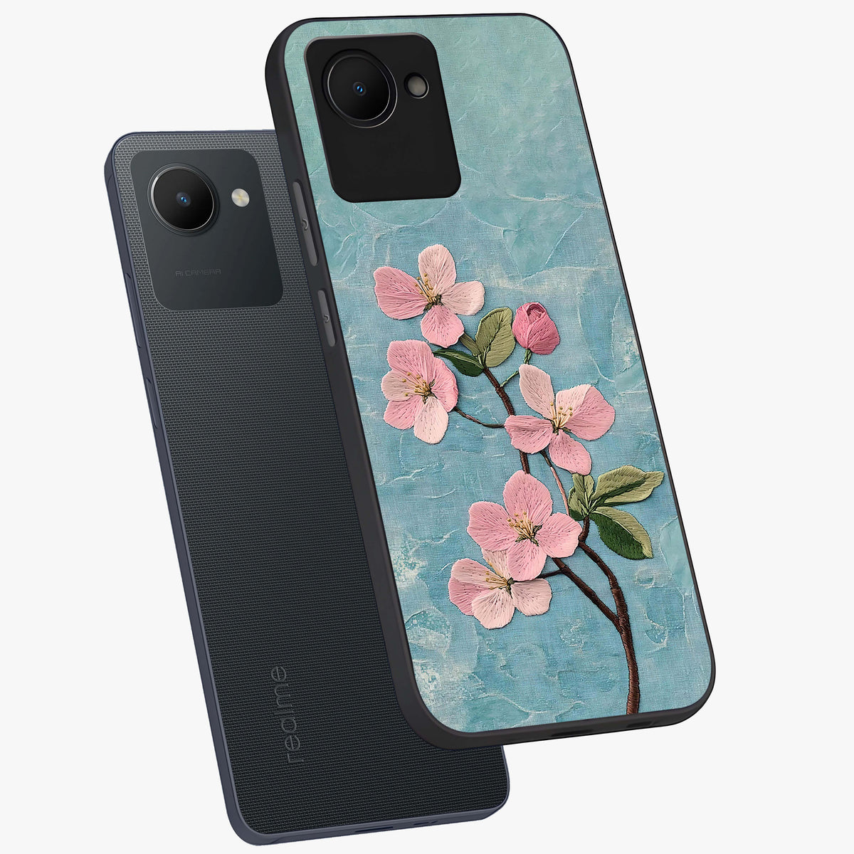 Threaded Blossom Breeze Glass Case displayed in angled mockup highlighting elegant floral design with soft aesthetic style.