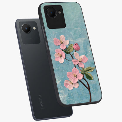 Threaded Blossom Breeze Glass Case displayed in angled mockup highlighting elegant floral design with soft aesthetic style.