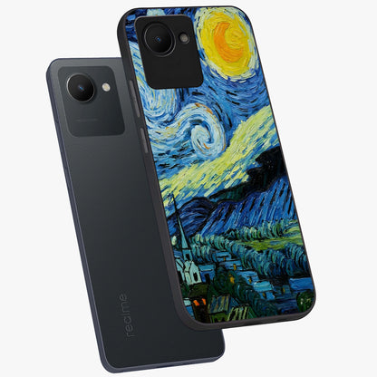 Van Gogh Art Glass Case displayed in angled mockup highlighting swirling brushstroke design with artistic aesthetic.