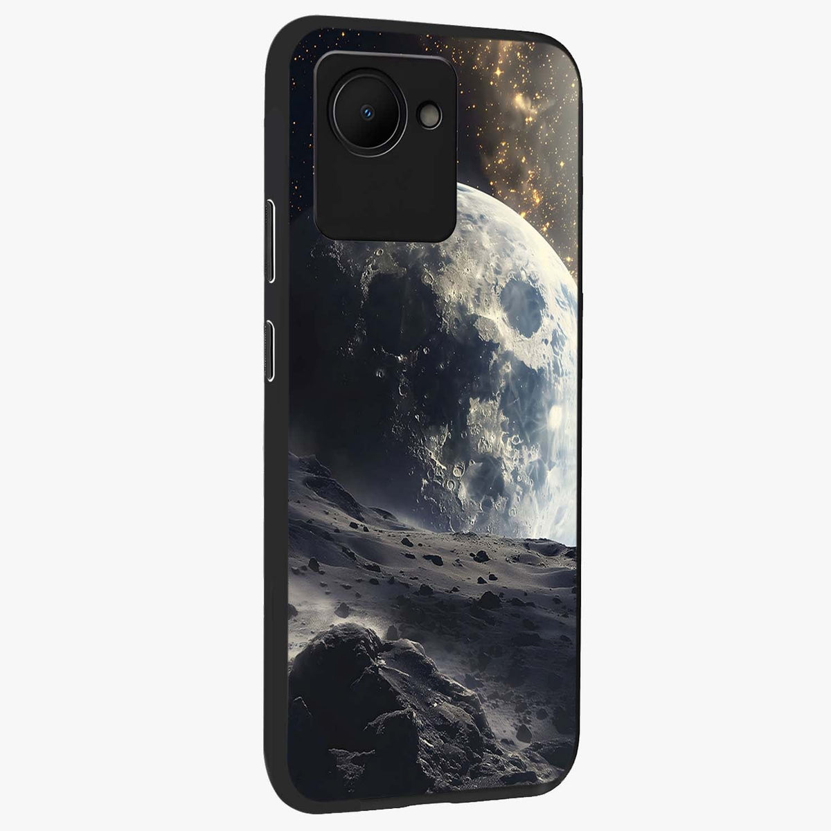 Lunar Horizon Glow Glass Case upright view showcasing radiant lunar artwork with calm cosmic theme.