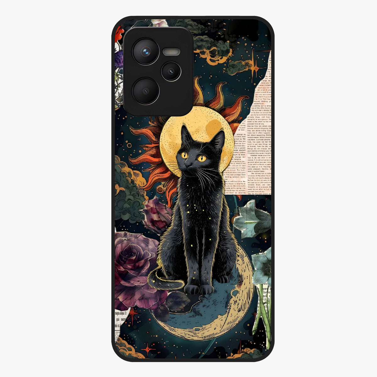 Celestial Black Cat Glass Case showing flat back view with mystical black cat artwork and glossy glass finish.