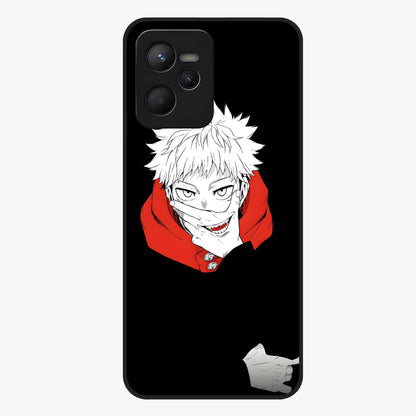 Crimson Chaos Smile Glass Case showing flat back view with bold chaotic smile artwork and glossy glass finish.
