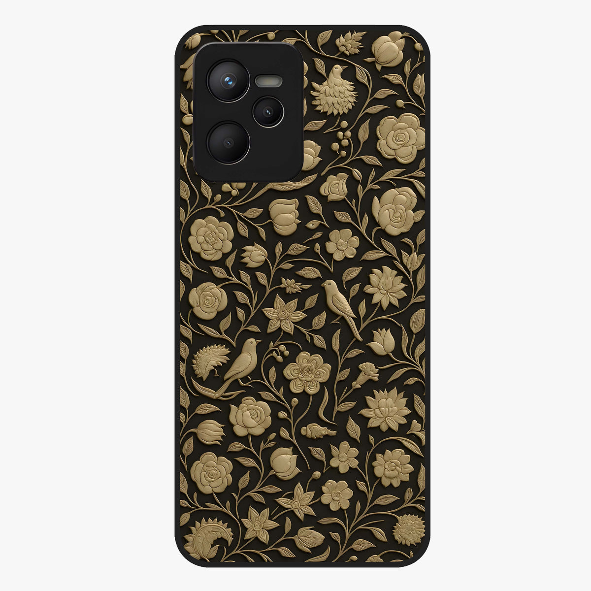 Golden Floral Majesty Glass Case showing flat back view with luxurious golden floral artwork and glossy glass finish.