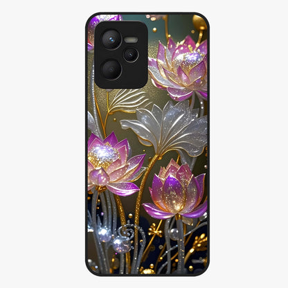 Golden Lotus Glow Glass Case showing flat back view with glowing lotus flower artwork and glossy glass finish.