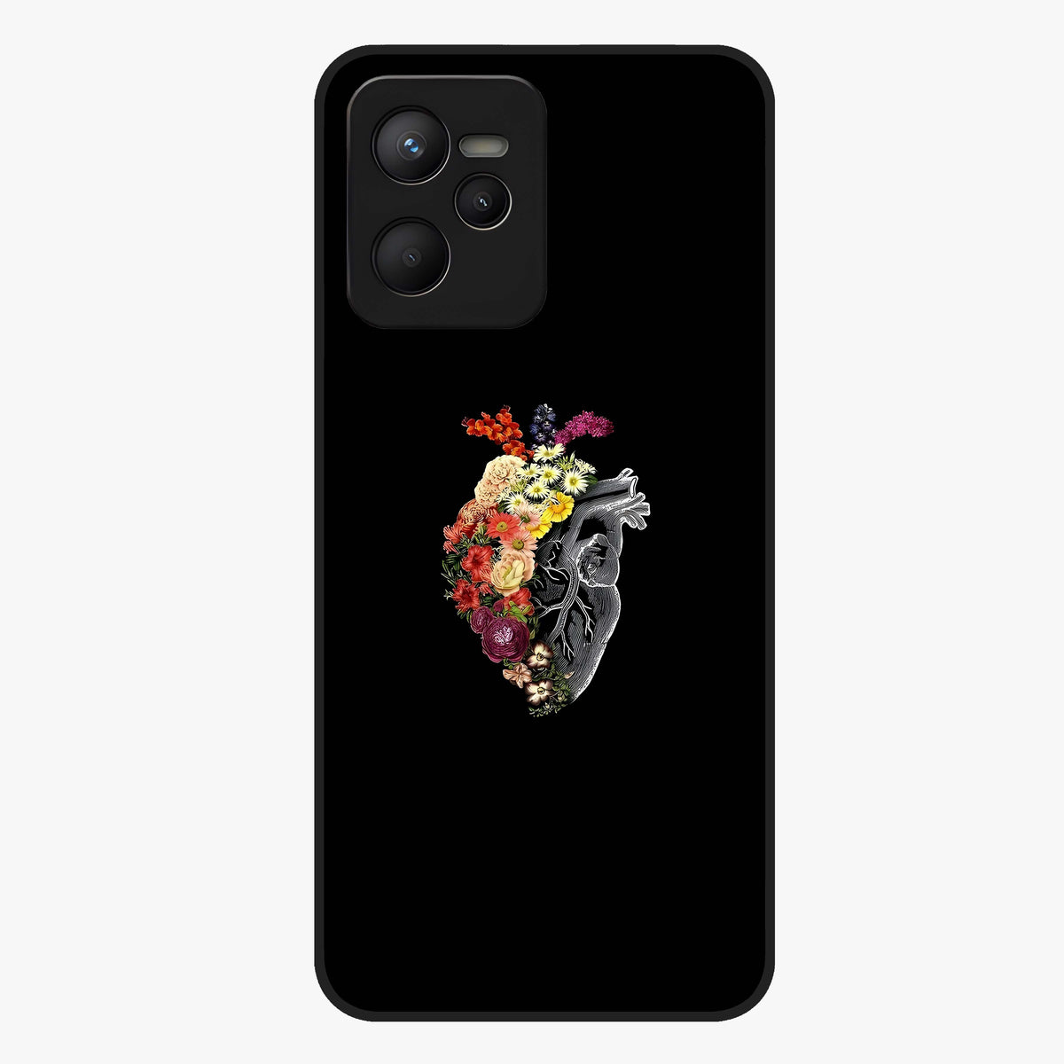 Heart With Flowers Glass Case showing flat back view with heart shaped floral artwork and glossy glass finish.
