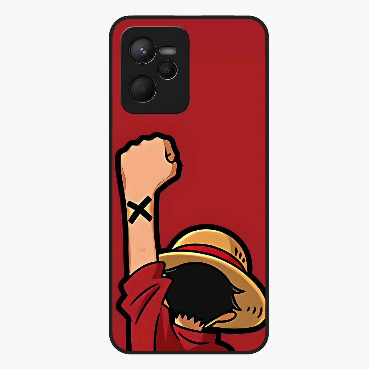 Luffy X Spirit Glass Case showing flat back view with bold anime character artwork and glossy glass finish.